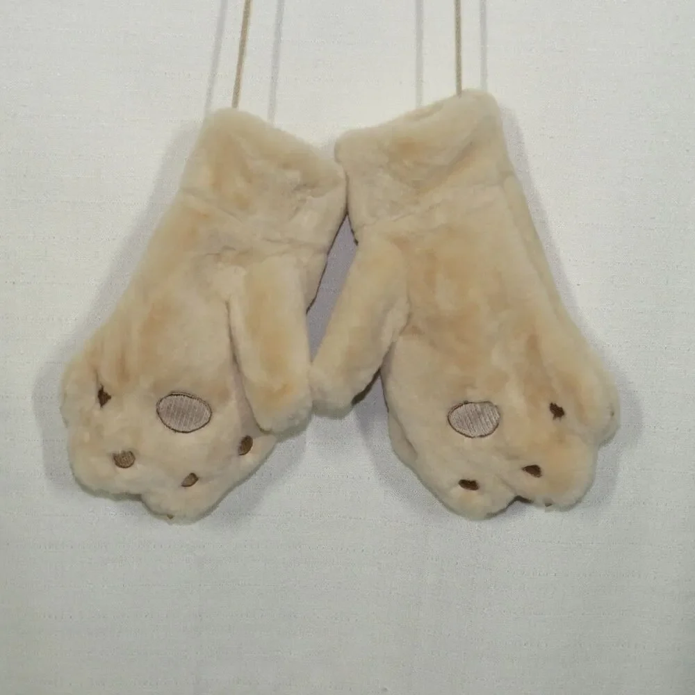 Women's Soft Cozy Plush Beige Dino Dinosaur Mittens Size Small-Medium